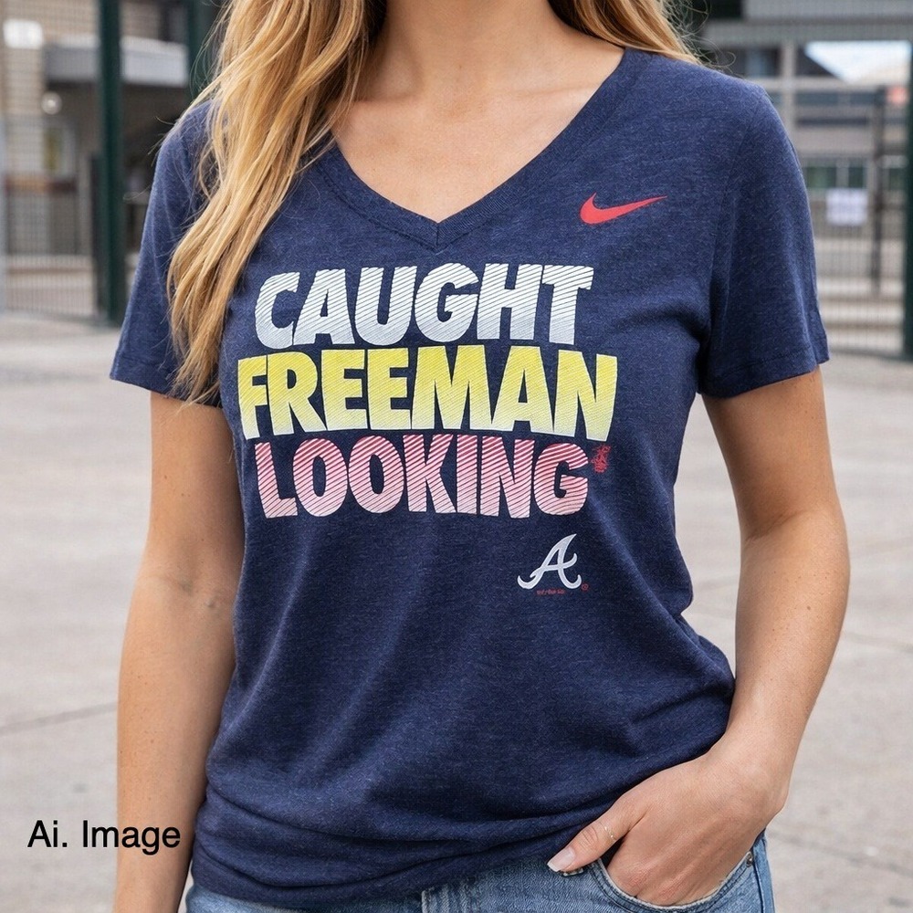 Nike Atlanta Braves Freddie Freeman Caught‎ Looking V-Neck T-Shirt Navy Blue L